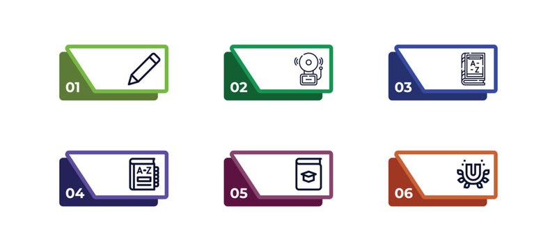 outline icons set from education concept. editable vector included owl, sash, alphabet, crayon, test tubes, invitation icons.