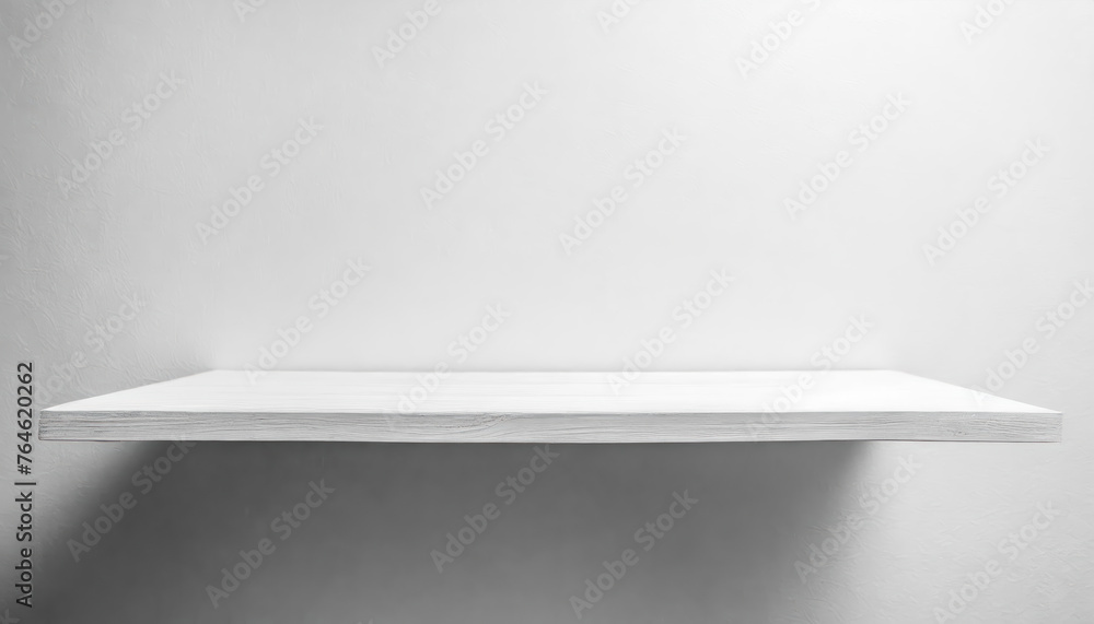 Aufkleber a white shelf with a white wall behind it. the shelf is made of wood with free space as a podium for