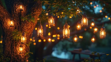 Fototapeta na wymiar Decorative outdoor string lights hanging on tree in the garden at night time, weekend summer night mood