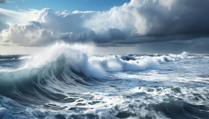 Obraz premium The ocean is rough and the sky is cloudy. The waves are crashing against the shore. Scene is intense and dramatic