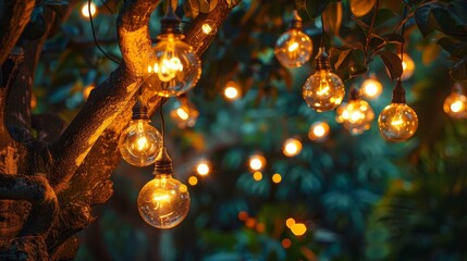 Decorative outdoor string lights hanging on tree in the garden at night time, weekend summer night mood - obrazy, fototapety, plakaty