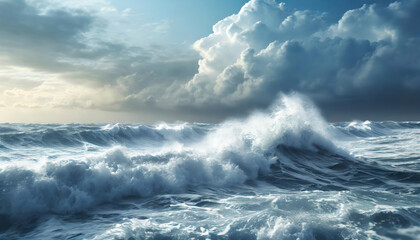 The ocean is rough and the sky is cloudy. The waves are crashing against the shore. Scene is intense and dramatic