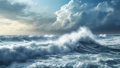 Fotobehang The ocean is rough and the sky is cloudy. The waves are crashing against the shore. Scene is intense and dramatic © Aleksandr Matveev