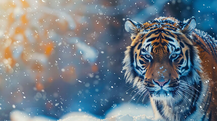 A majestic tiger in a snowy winter. Generative AI illustration  - obrazy, fototapety, plakaty
