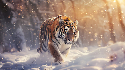 A majestic tiger in a snowy winter. Generative AI illustration  - obrazy, fototapety, plakaty