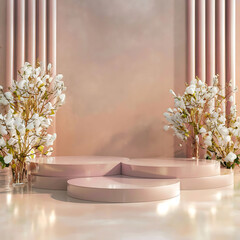 3D Elegant podium with ascending heights, a glossy finish. 3D Stage for Cosmetic Product Showcase: Premium Podium Mockup for Product Launches and Displays. Mockup, Pedestal, and Platform. Studio Room