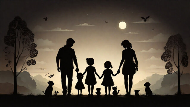 Dark silhouette of cute family 