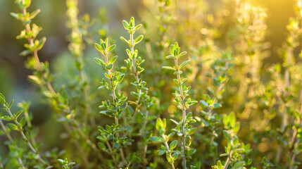 Thyme top-down shot, close-up macro shot, herb, modern, symmetrical vibrant eco background, isolated, abstract organic nature-inspired natural textures banner background, sunny, bright, natural light