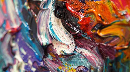 a close up of an abstract painting with swirling colors and textures