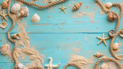 Fototapeta na wymiar Vivid turquoise wooden boards providing a striking backdrop to a collection of various seashells, starfish, and a rope creating a beachy vibe