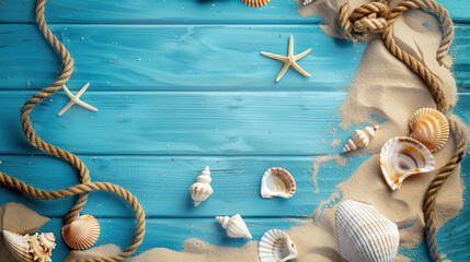 Naklejka premium An arrangement of various sea shells and starfish on a sandy beach framed by blue painted wood and rope