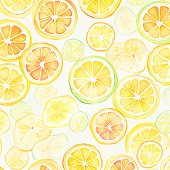 Watercolor painting seamless of many oranges and limes with a yellow background. The oranges and limes are in various sizes and are scattered throughout the painting