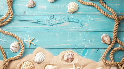 A nautical scene featuring a combination of sand, ropes, and an array of seashells on painted blue wood, perfect for seashore enthusiasts