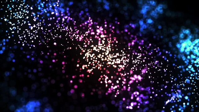 Glowing moving particles rotate around the center of rotation on black background. Abstract concept of nanotechnology, big bang theory, evolution of galaxies. Rotating bright particles, looped video