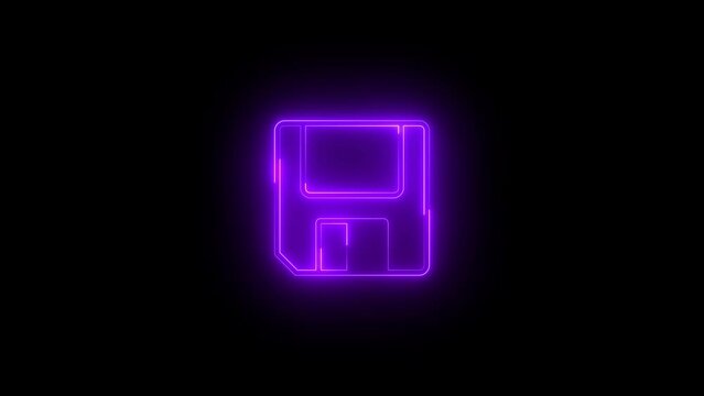 Neon glowing purple floppy disk icon animation in black background