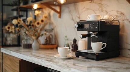 Modern coffee machine pouring fresh espresso into a cup on marble countertop