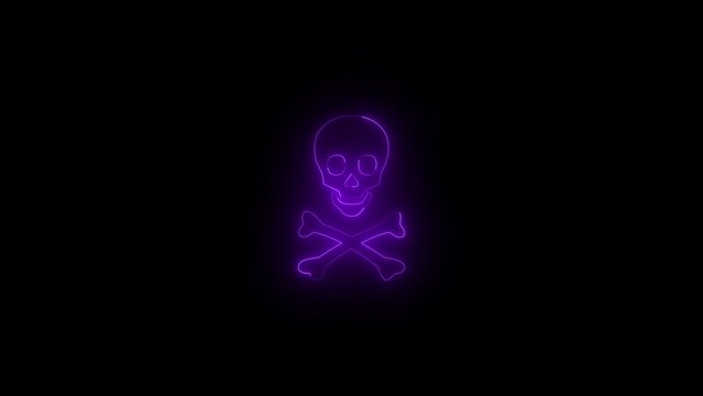 Neon glowing purple skull and crossbones icon animation in black background
