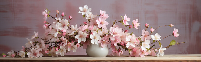 a vase filled with pink and white flowers on top of a wooden table , art design