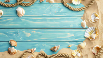 Obraz premium Ocean arrangement with ropes, shells, and sand on a blue wooden surface depicting a summer beach setting