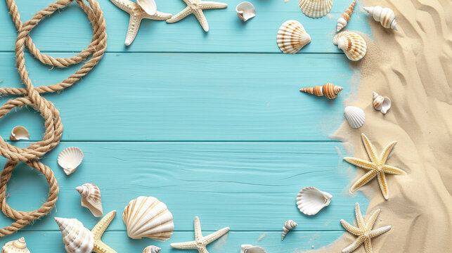 Graphic image of various seashells and starfish lying on sandy beach with blue wooden planks, concept of summer and tropical vacation