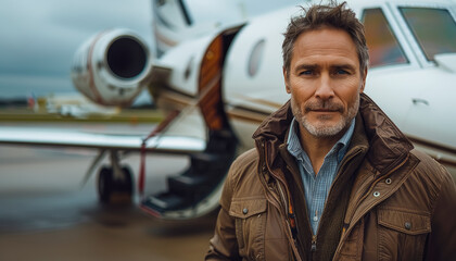 Portrait of a middle-aged multimillionaire man posing in front of his private jet.
