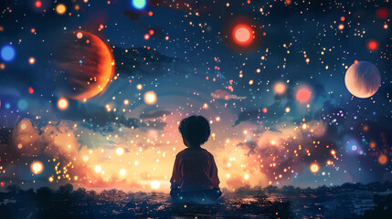 Naklejka premium child looking at sky in cosmos, planets, book illustrations. Child dream and hope concept.