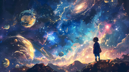  child looking at sky in cosmos, planets, book illustrations. Child dream and hope concept. - obrazy, fototapety, plakaty