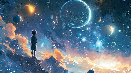 Fototapeta premium child looking at sky in cosmos, planets, book illustrations. Child dream and hope concept.
