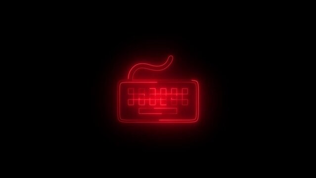 Neon glowing red computer keyboard icon animation in black background