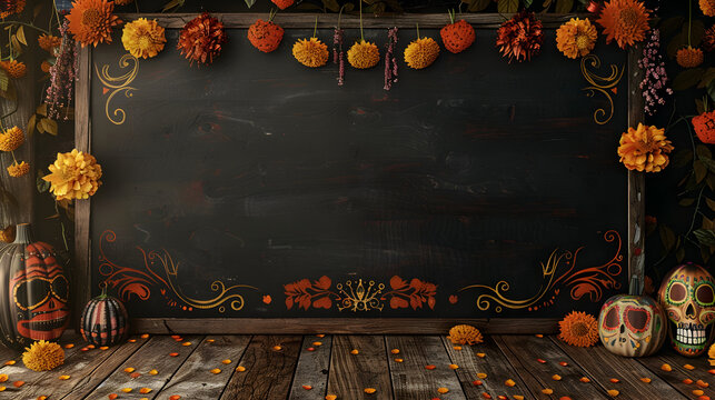 An empty chalkboard adorned with intricate sugar skull designs and vibrant marigold garlands.