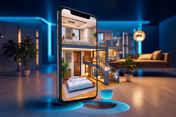 A phone screen shows a virtual home, well-lit and has a modern, stylish feel