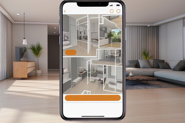 A phone screen shows a 3D image of a living room, modern design