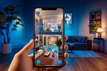 A person is holding a phone that is displaying a virtual tour of a house - obrazy, fototapety, plakaty