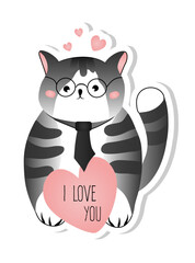 Sticker with cute grey striped cat on white background. Vector illustration for children, fabric.