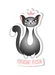 Sticker with cute grey cat isolated on white background. Vector illustration for children.