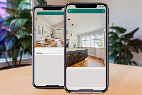 Two phones are showing a picture of a virtual kitchen, several chairs and a dining table
