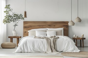 Fototapeta na wymiar A minimalist bedroom with a statement-making headboard