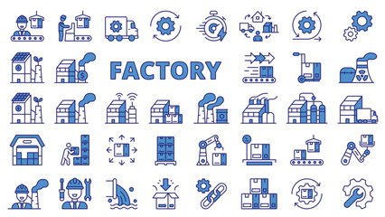 Factory icons in line design, blue. Industry, manufacturing, work, technology, industrial, smart factory, conveyor isolated on white background vector. Factory editable stroke icons.