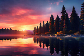 Vivid, golden clouds illuminate the sky at sunset, casting their colors over a tranquil forest lake, which mirrors the stunning display above. - Powered by Adobe