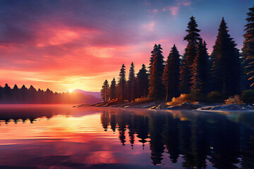 Obraz premium Vivid, golden clouds illuminate the sky at sunset, casting their colors over a tranquil forest lake, which mirrors the stunning display above.