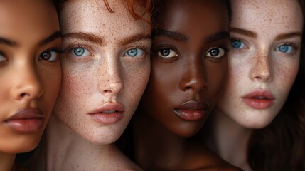 Close-up portrait of a diverse group of women showcasing a spectrum of skin tones, freckles, and striking eyes, emphasizing natural beauty and multicultural representation.