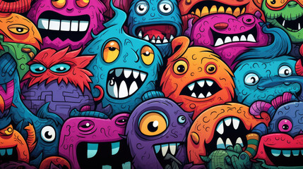 Abstract grunge urban pattern with monster character, Super drawing in graffiti style, bright vibrant retro colors, blue, pink, orange and purple, multicolors background.