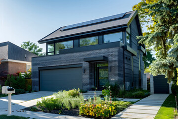An eco-friendly modern house with solar panels on the roof surrounded by greenery, trees, and plants. The driveway leads to an open garage, highlighting sustainable living and green energy technology.