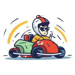 Cartoon boy driving a race car on white background. - obrazy, fototapety, plakaty