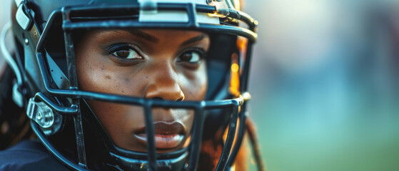 African American female athlete wearing football helmet, rugby. Sports banner with copy space