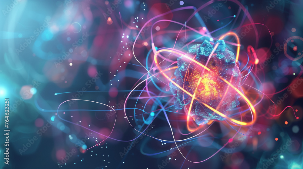 Poster abstract background illustration representing the sign of atom model with nucleus in the center and 