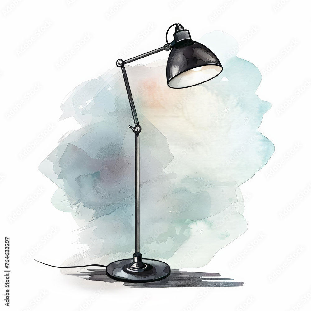 Poster adjustable modern desk lamp on a soft abstract watercolor background with ample copy space, ideal fo
