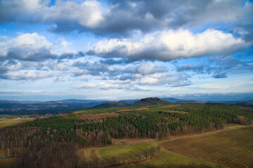 View from the Pfaffenstein. Forests, mountains, fields, vastness, panorama.