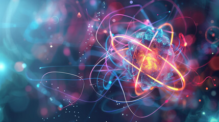 Abstract background illustration representing the sign of atom model with nucleus in the center and electrons rotating around as a symbol of technology, nanotechnology,