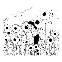 Illustration of a girl in a field of sunflowers.